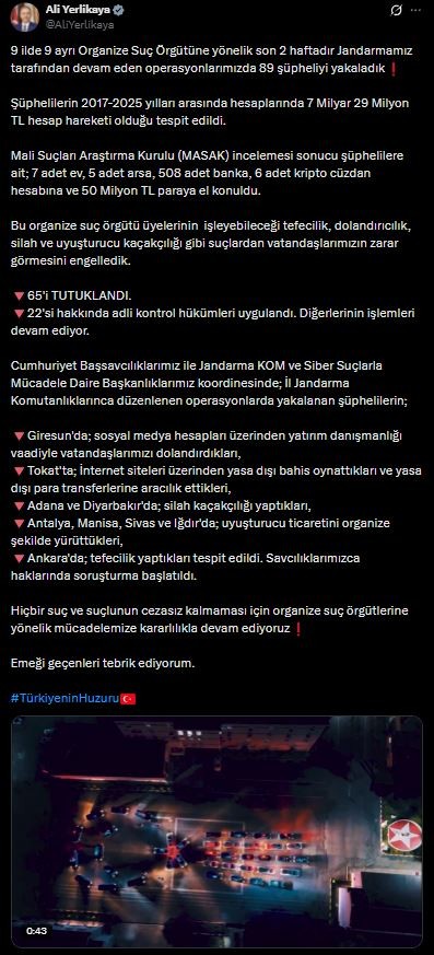 Bakan Yerlikaya duyurdu! 9 ilde 9 organize suç örgütüne operasyon