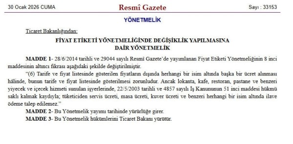 Resmi Gazete'de Yayımlandı! Masa Ve Servis Ücretleri Kaldırıldı