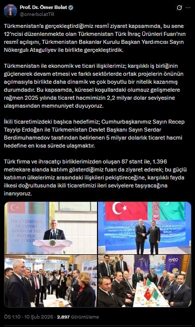 5 Milyar Dolarlık Ticaret Hedefi! Bakan Bolat'tan Türkmenistan İle İkili Ticaret Mesajı