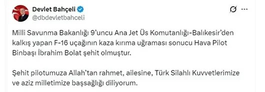 MHP Lideri Bahçeli'den Şehit Pilot İçin Taziye Mesajı