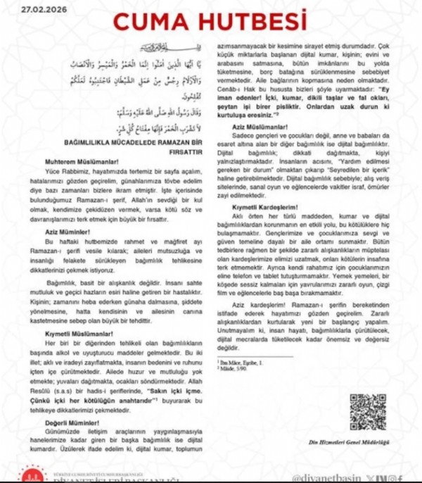 Haftanın Cuma Hutbesi: İnsan ve Aile Hayatını Mahveden Bağımlılıklar...