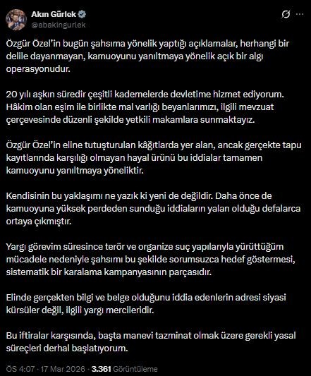 İftiraya Geçit Yok! Akın Gürlek'ten Özgür Özel'e 'Algı Operasyonu' Çıkışı