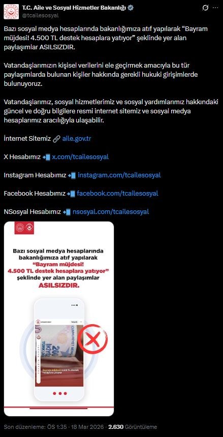 Bakanlık Yalanladı! '4 Bin 500 TL Bayram Desteği' Paylaşımlarına...