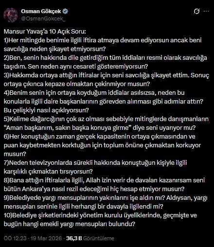 Osman Gökçek'ten Mansur Yavaş'a Kritik Sorular! 'Savcılığa Neden Şikayet Etmiyorsun?'
