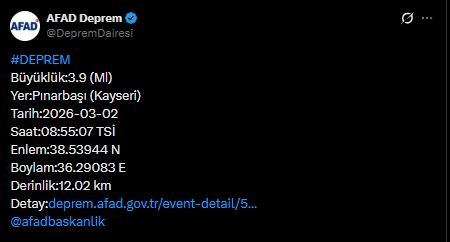 Kayseri'de Deprem! AFAD Duyurdu
