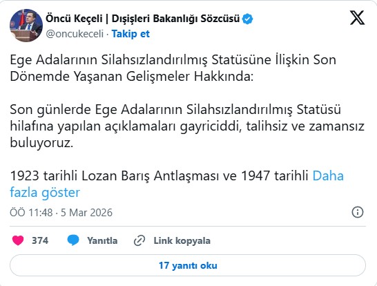 Dışişleri Bakanlığı'ndan 'Ege adalarının statüsü tartışmaya açık değil' açıklaması