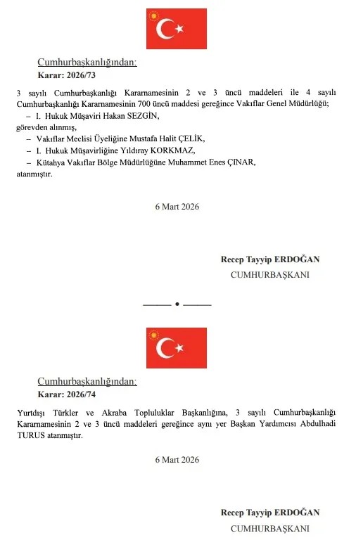 Cumhurbaşkanı Recep Tayyip Erdoğan İmzaladı! Atama Kararları Resmi Gazete'de