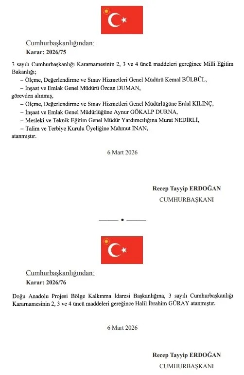 Cumhurbaşkanı Recep Tayyip Erdoğan İmzaladı! Atama Kararları Resmi Gazete'de
