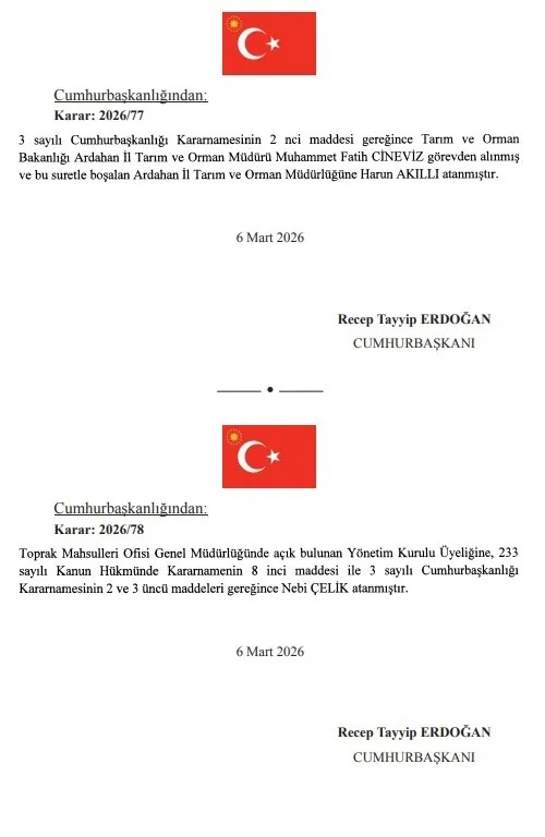 Cumhurbaşkanı Recep Tayyip Erdoğan İmzaladı! Atama Kararları Resmi Gazete'de