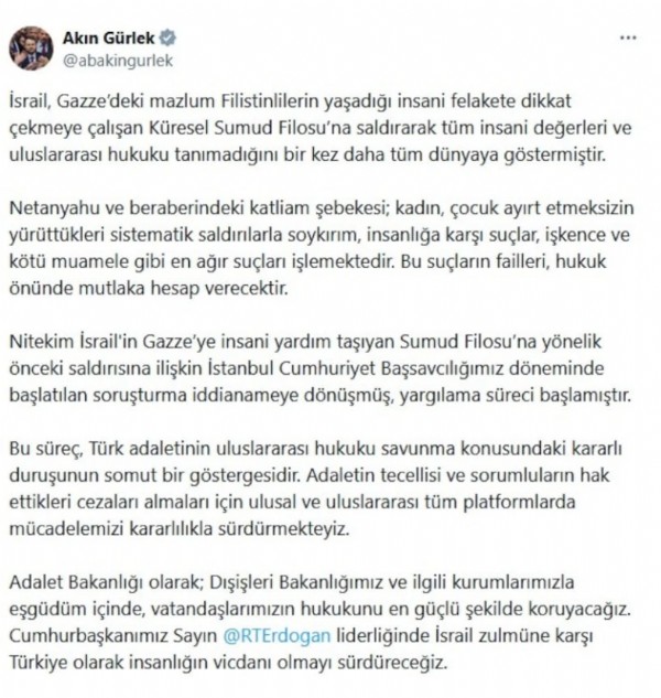 Adalet Bakanı Akın Gürlek'ten Sumud Filosu açıklaması