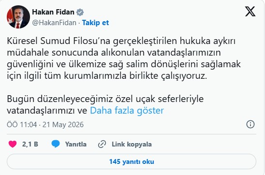 Dışişleri Bakanı Hakan Fidan'dan Sumud Filosu açıklaması: Vatandaşlarımızı özel uçak seferiyle Türkiye'ye getireceğiz!
