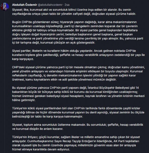 Ak Parti İstanbul İl Başkanı Özdemir'den Sert Tepki! 'CHP’de Siyasal Çürüme Var'