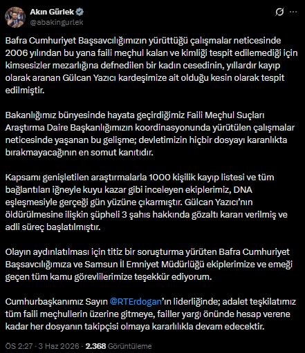 Bakan Gürlek'ten Flaş Açıklama! 20 Yıllık Faili Meçhul Cinayet Çözüldü