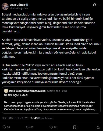 İzmir'de Skandal Sözlere Soruşturma! Bakan Gürlek'ten Sert Tepki
