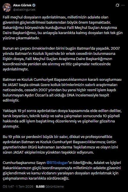 Bakan Gürlek Açıkladı! 19 Yıllık Sır Cinayet Aydınlatıldı