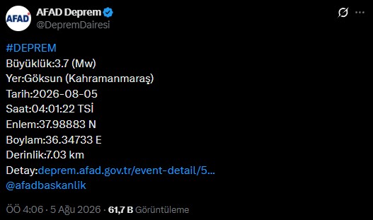Kahramanmaraş'ta Deprem! AFAD Duyurdu